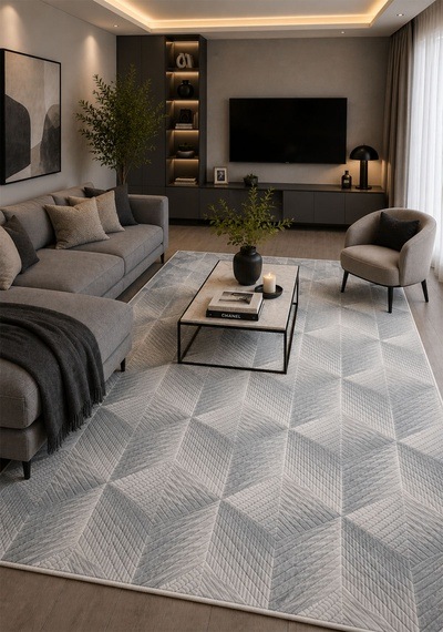 Kaymaz Taban Yıkanabilir Yumuşak Dokulu Modern Geometrik Gri Salon Halısı