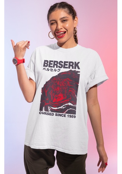 Berserk Cursed Since 1989 Baskılı Unisex Oversize Anime Karakter Beyaz
