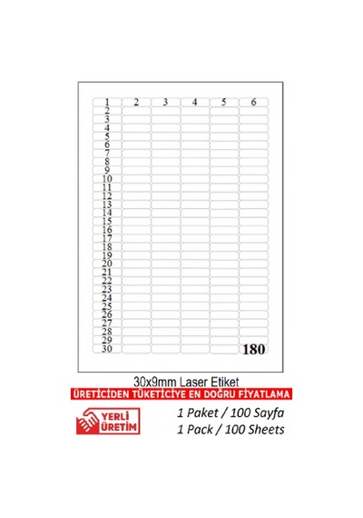 Tw-2060 Ebat 30 X 9 MM Lazer Etiket A4 Sayfada 180 Etiket