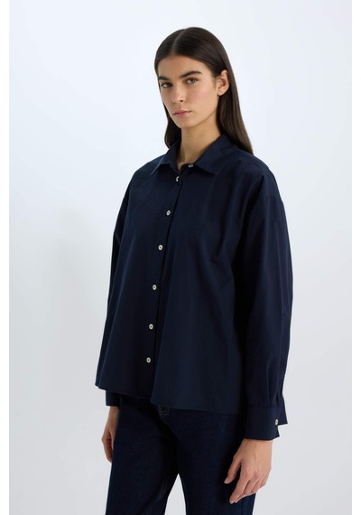 DeFacto Oversize Geniş Kalıp Poplin Basic Düz Uzun Kollu Gömlek E2677AX24WNNV245 Lacivert DeFacto Oversize Geniş Kalıp Poplin Basic Düz Uzun Kollu Gömlek E2677AX24WNNV245 Lacivert