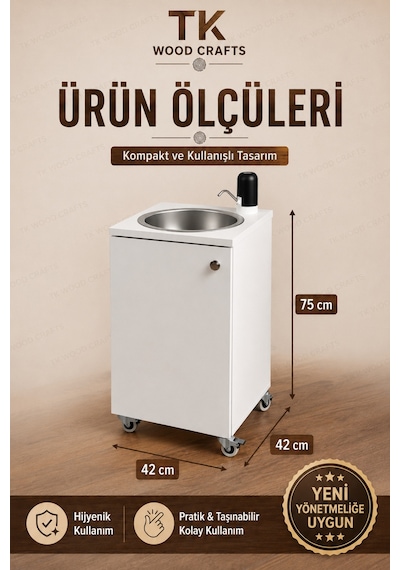 Premium Mobil Seyyar Lavabo Yeni Yönetmeliğe Uygun Tekerlekli Şarjlı Musluklu Beyaz