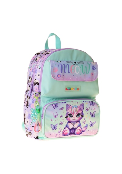 Kaukko Kids Kız Çocuk Mor Kedi Desenli Okul Çantası - Yeşil - Mor - Meow - L5288 Çok Renkli