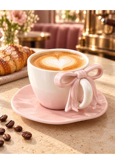 Valkyrie Ribbon Serisi 2 Parça 380 Ml Pembe Fiyonklu Tabaklı Çay Kahve Kupa Fincan Seti