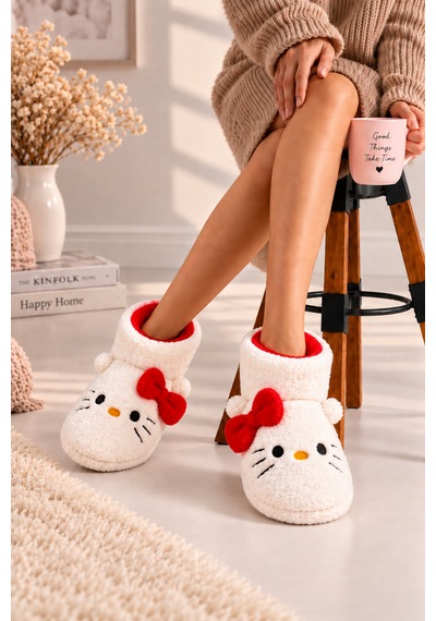 Moon Cloud Moo Kadın Peluş Pudra Hello Figürlü Ev Botu Kışlık Sıcak Tutan Yumuşak Tabanlı Sevimli Terlik Ev Panduf Ev Beyaz - Kırmızı Moon Cloud Moo Kadın Peluş Pudra Hello Figürlü Ev Botu Kışlık Sıcak Tutan Yumuşak Tabanlı Sevimli Terlik Ev Panduf Ev Beyaz - Kırmızı