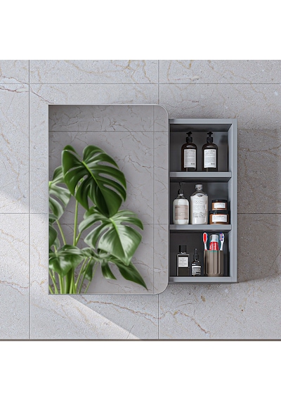 Likya Kulpsuz Tek Kapaklı Açık Raflı Aynalı Mdflam 70 Cm Aynalı Banyo Üst Dolabı Kül Gri