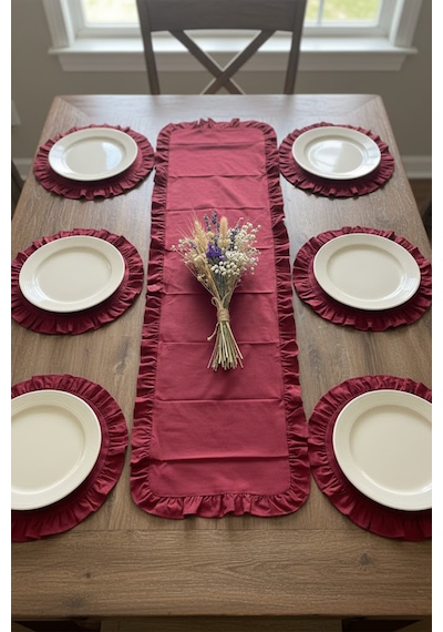Yunusoğlu Home Fırfırlı Runner Ve Supla Takımı - Masa Örtüsü Takımı 7 Parça 150x50 Cm Bordo
