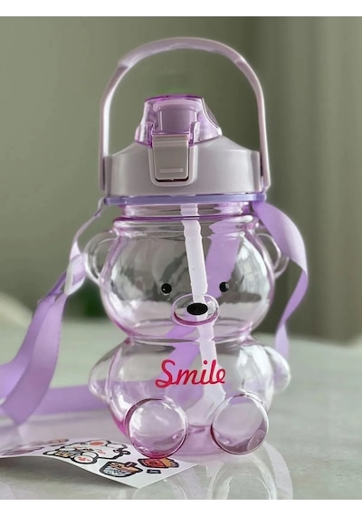 Smile Ayıcıklı Renkli 1000 Ml Matara Su Şişesi Suluk Tritan Bpa Içermez Sticker Hediyeli Biri Büyük Biri Küçük 2adet Çok Renkli
