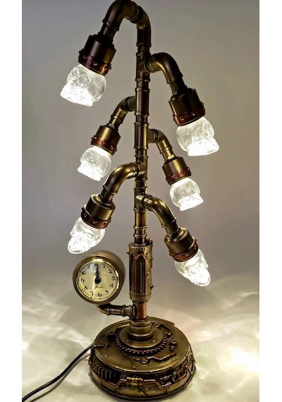 Steampunk Serisi Boru Sistemli, Saatli, Kristal 6lı Kafatası Led Gece Lambası