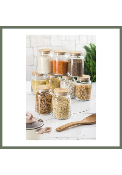 Bezos 9 Lu Set Bambu Kapaklı Cam Kavanoz & Erzak Saklama Kabı 800 Ml Orta Boy Vakum Kapak Bezos1