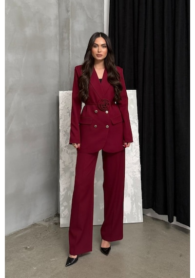 Msm Fashion Kadın İkili Blazer Ceket Pantolon Takım Aksesuar Ve Düğme Detaylı Bol Paça Bordo Msm Fashion Kadın İkili Blazer Ceket Pantolon Takım Aksesuar Ve Düğme Detaylı Bol Paça Bordo