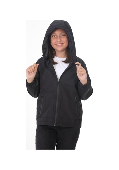 Spor Kız Çocuk Astarlı Su Ve Rüzgar Geçirmez Kapüşonlu Çift Fermuarlı Yağmurluk-131 Siyah