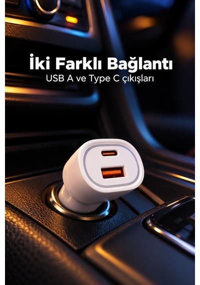 Tek Type C Ve Usb A Çift Çıkışlı Araç Şarj Aleti Najmaddin Diğer