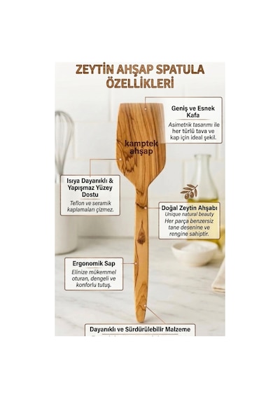 Ahşap Atolyesinden Doğal Zeytin Ağacı Spatula 26 Cm - Ergonomik Geniş Yüzeyli Ahşap Yemek Kaşığı Spatula Kahverengi
