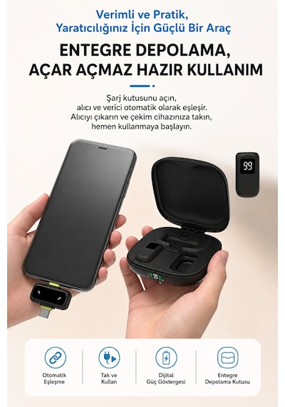 Kablosuz Yaka Mikrofonu 2'li Type-c Lightning Uyumlu Çift Mikrofonlu Gürültü Engelleme Şarj Kutulu