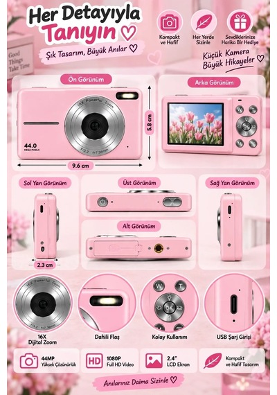 Magicool 4k Figürlü Çantalı Dijital Video Kamera 44mp 16x Zoom Işıklı Kart Dijital Fotoğraf Makinesi Pembe