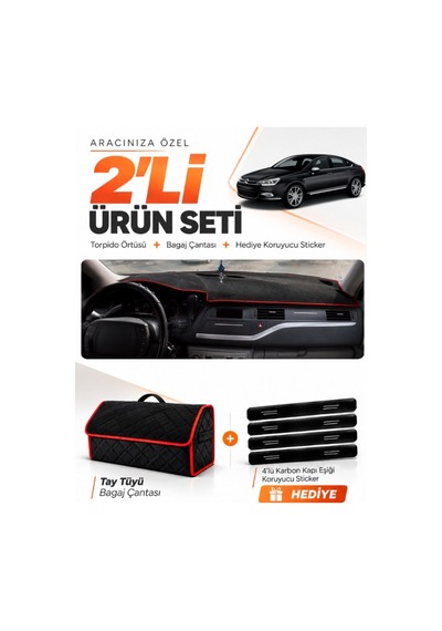 E-biz Cıtroen C5 2008-2015 Uyumlu Torpido Örtüsü + Tay Tüyü Bagaj Çantası - Siyah-kırmızı - Cı003
