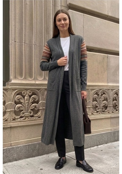 Onno Style Women Kilim Desen Uzun Triko Kadın Hırka Gri