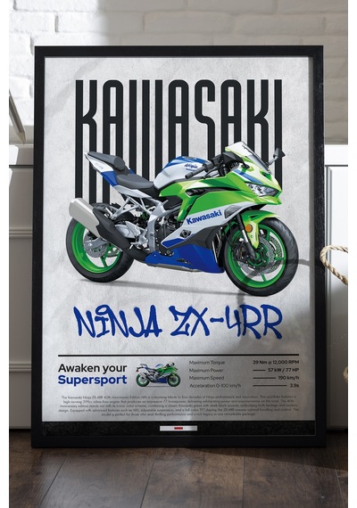 Kawasaki Ninja Zx-4 Rr Siyah Ahşap Çerçeveli Poster, Dekoratif Motosiklet Duvar Tablosu