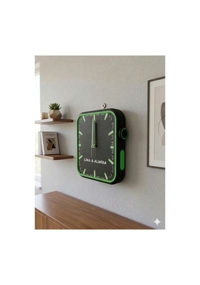 Kişiye Özel 3d Baskı Modern Duvar Saati 22x22 Cm Sessiz Mekanizma Dekoratif İsimli Saat Yeşil