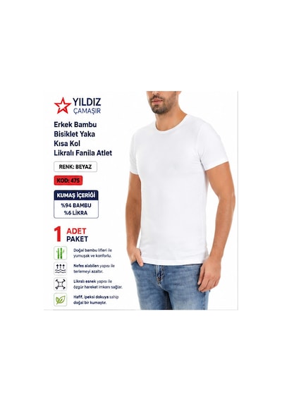 Yıldız Çamaşır Erkek Bambu Bisiklet Yaka Kısa Kol Likralı Fanila Atlet 475-476-477 - 1 Adet Beyaz Yıldız Çamaşır Erkek Bambu Bisiklet Yaka Kısa Kol Likralı Fanila Atlet 475-476-477 - 1 Adet Beyaz