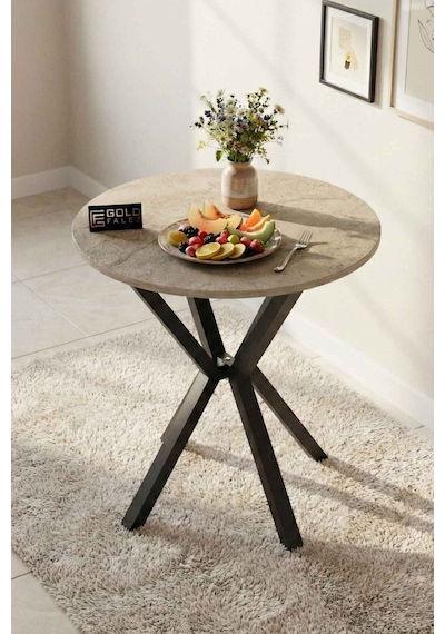 Reyo Falez 70 Cm Yuvarlak Mutfak Masası Metal Ayaklı Modern Yemek Balkon Bahçe Kafe Masası Traverten 9821