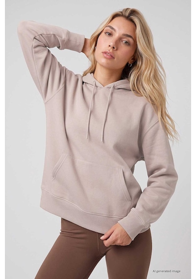 TOMMYLIFE Bej Standart Kapüşonlu Kanguru Cepli Basic Kadın Sweatshirt - 97321