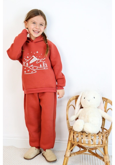 Miababy 3 İp Baskılı Kapüşonlu Şardonlu İkili Takım Kiremit