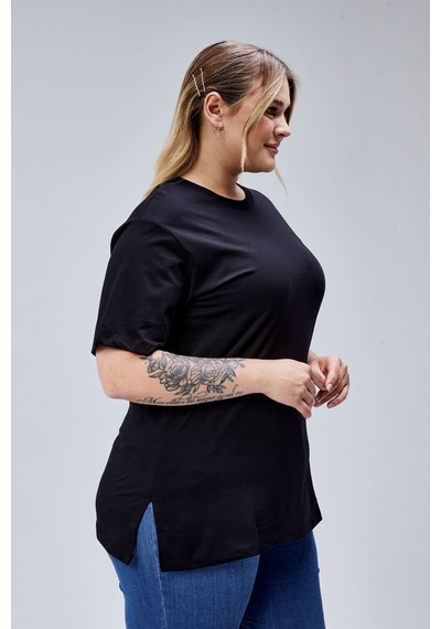 Banega Curve Büyük Beden Siyah Boyfriend Bisiklet Yaka Yırtmaçlı Pamuk Örme T-shirt Siyah