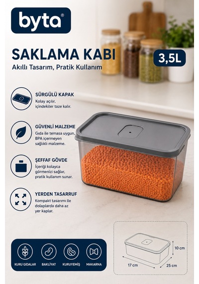 3,5 Litre Sürgü Kapaklı Erzak Saklama Kabı Şeffaf Bpa İçermeyen Mutfak Düzenleyici Şeffaf