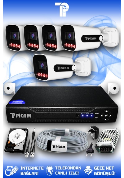 Picam 5 Kameralı Zebra 5 Dış Kamera Set 500 Gb 5 Mp 2k Net Gece Görüşlü Güvenlik Kamerası Sistemi