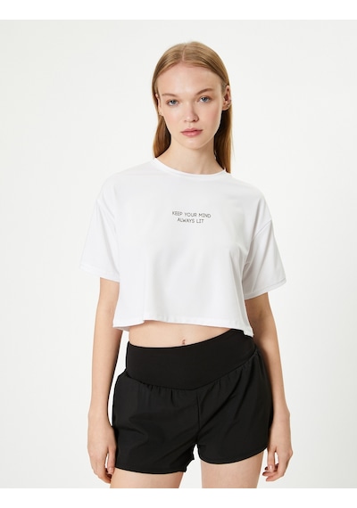 Koton Crop Spor Tişört Kısa Kollu Bisiklet Yaka Baskı Detaylı Beyaz 4sak10270nk Beyaz