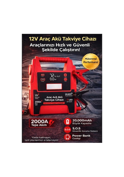 20000mah 12v Şarjlı Akü Takviye Cihazı 2000a Tepe Akım Lcd Ekranlı Led Işıklı Jump Starter Powerbank