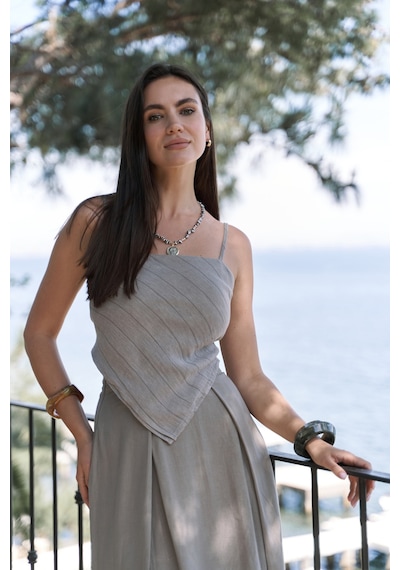 Mai Collection Mai Studios Co. Kita Üçgen Detay Çizgili Vizon Keten Crop Vizon