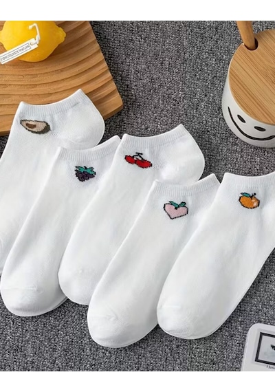 Hitit Socks Kadın 5 Çift Renkli Meyve Desenli Günlük Premium Kalite Bilek... Beyaz