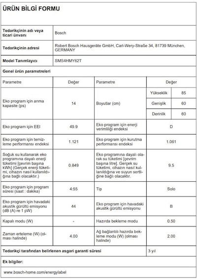 Bosch SMS4HMY62T Serie 6 Solo Bulaşık Makinesi