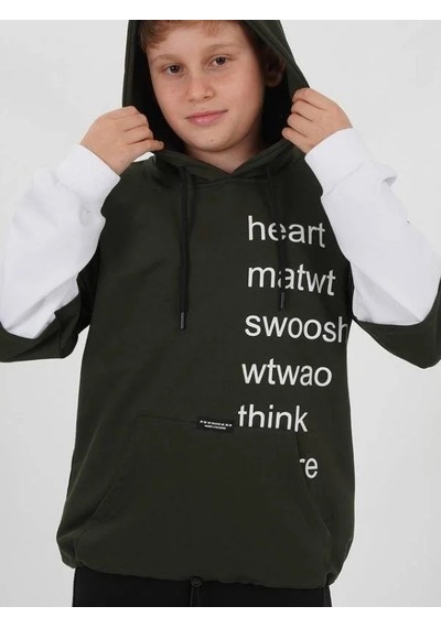 Zekids Çocuk Pamuklu Kapüşonlu Heart Mat Yazılı Sweatshirt-14830 Haki
