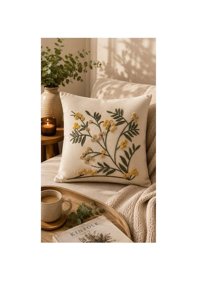 Punch Nakışlı Kırlent Kılıfı 45x45 Cm Kırlangıç Home Çapa Çiçek Desenli Sarı - Yeşil