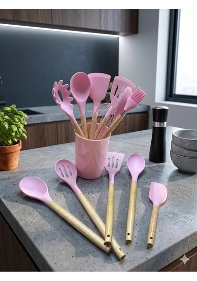 Büro Ev Ofis Sofra Keyfi İçin 12parça Bambu Saplı Pembe Silikon Servis Seti Diğer