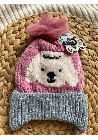 Prahar Kız Çocuk Köpek Figürlü İçi Peluş Dokulu Ponponlu Kışlık Bere Pembe