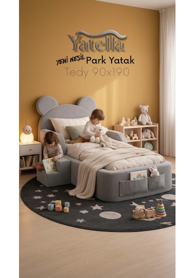 Yatella Luxury Tedyy Baza ve Başlıklı Montessori Full Sünger Yatak Seti 90 X 190 Gri