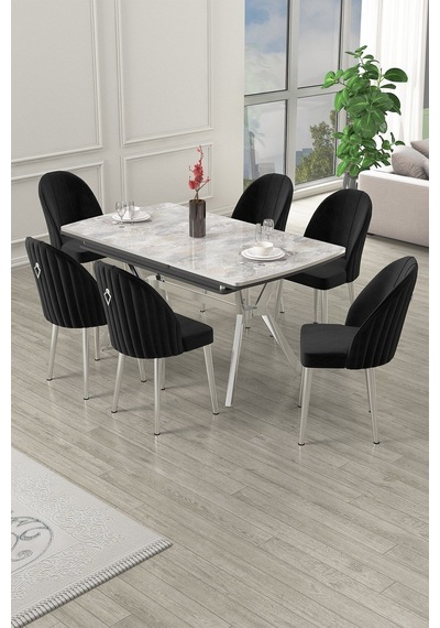 Canisa Sim Serisi 89x150 Açılabilir Lak Panel Rampla Gri Masa Takımı 6 Siyah Sandalye Beyaz Mermer Desen Masa Sandalyeler Siyah Canisa Sim Serisi 89x150 Açılabilir Lak Panel Rampla Gri Masa Takımı 6 Siyah Sandalye Beyaz Mermer Desen Masa Sandalyeler Siyah