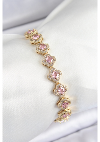 Pirinç Zirkon Taşlı Pembe Yonca Baget Model Gold Renk Vıp Seri Kadın Bileklik Çr