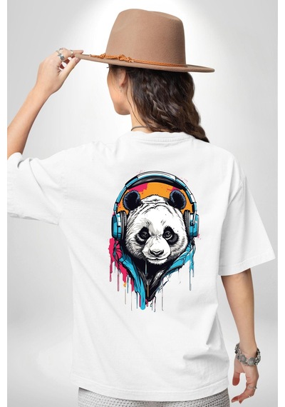 Kulaklık Ayı Panda Beyaz Oversize Unisex Ön Ve Sırt Baskılı Tişört Beyaz