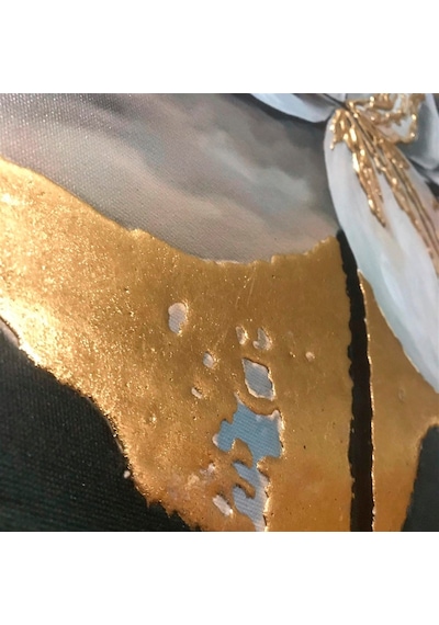 Modern Beyaz Çiçek Kanvas Tablo Gold Varak Işlemeli