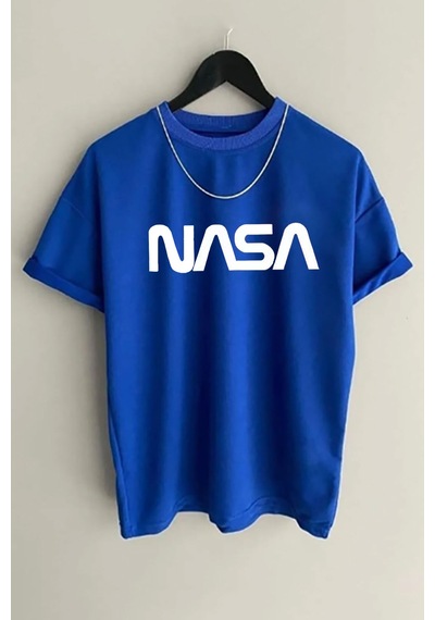 Medinenur Unisex Nasa Baskılı Siyah Tshirt Mavi