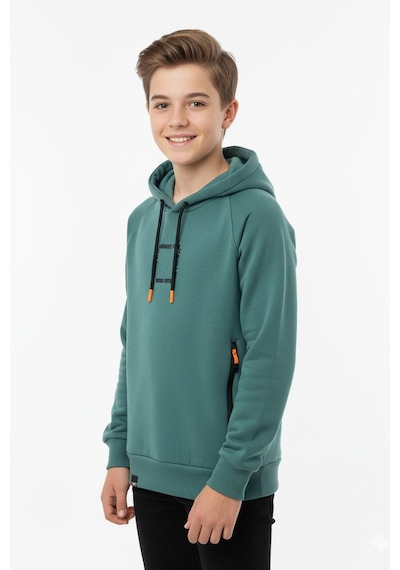 Kapüşonlu Fermuarlı Cepli Erkek Çocuk Sweatshirt-90919 Yeşil