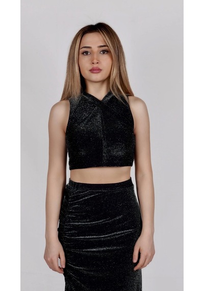 Parlak Simli Crop Bluz Çok Renkli