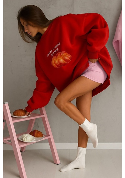 Benroma 3 İplik Penye Baskılı Unisex Sweatshırt Kırmızı