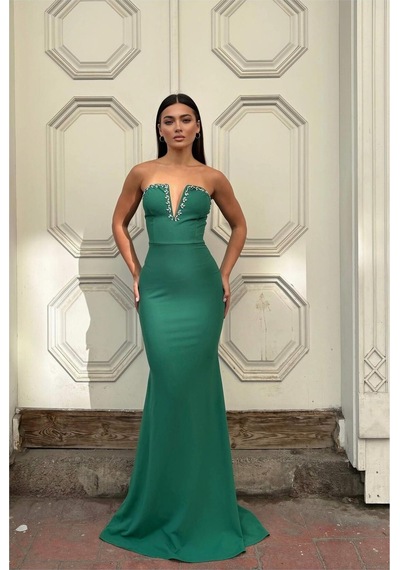 DefyModa Kadın Krep Kumaş V Yaka Balık Kesim Abiye Elbise Zümrüt