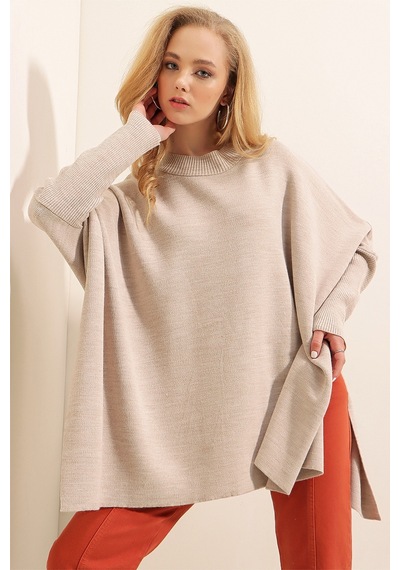 Bigdart 15783 Yırtmaçlı Panço Kazak - Bej 001